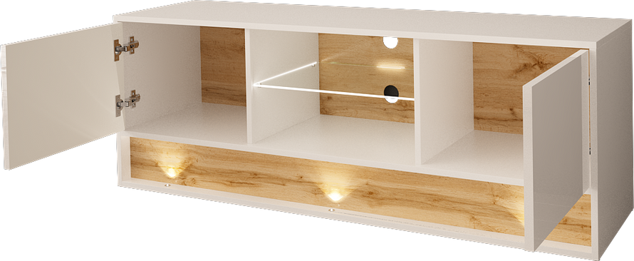 VISION-03 - Komoda RTV 2D z Oświetleniem LED Biały Mat Dąb Wotan Mat Biały Połysk