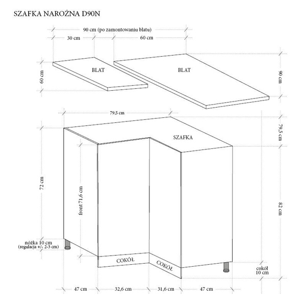Szafka Kuchenna Dolna 2-drzwiowa Narożna D90N Linea Grey Szary Mat