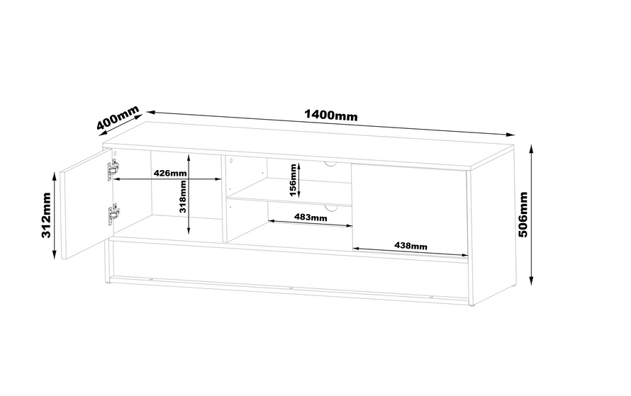 VISION-03 - Komoda RTV 2D z Oświetleniem LED Biały Mat Dąb Wotan Mat Biały Połysk